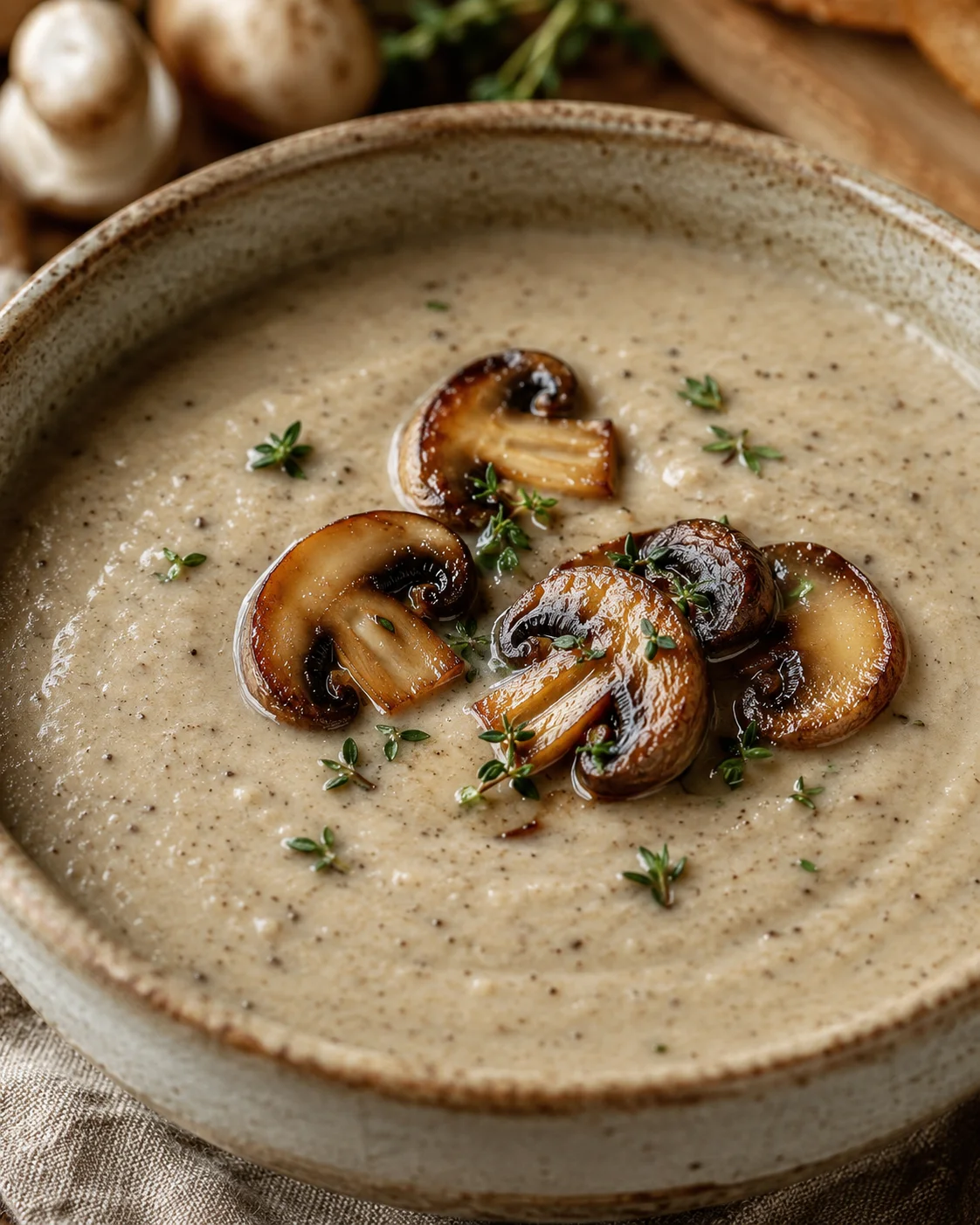 Bowl of Chef John's creamy mushroom soup topped with caramelized mushroom slices and thyme