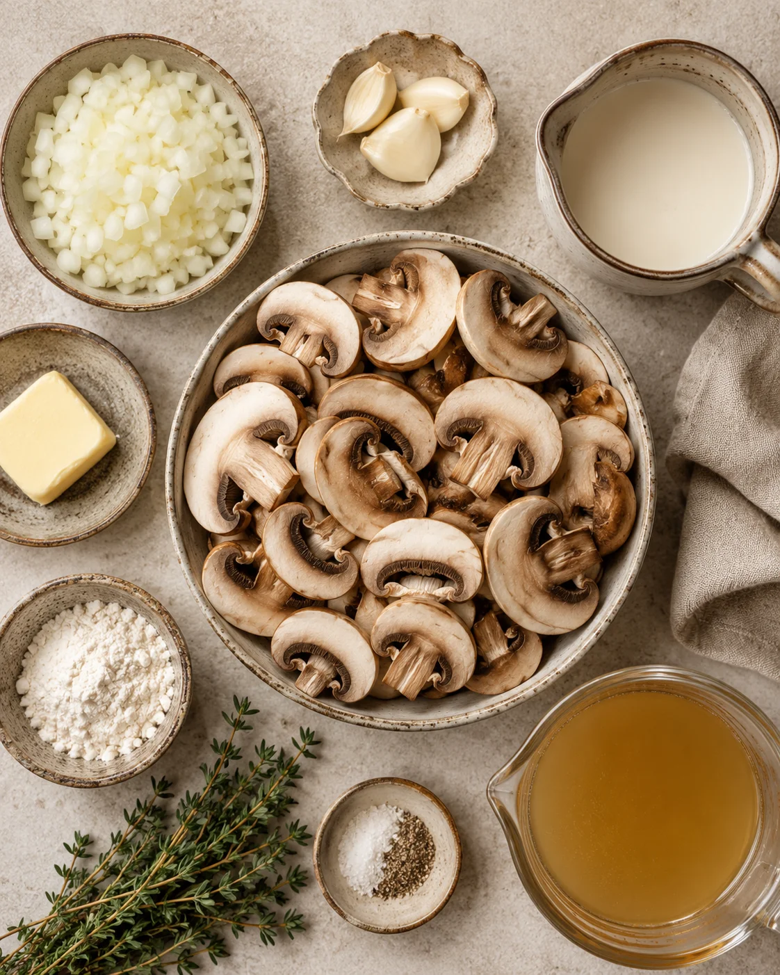 Top-down arrangement of ingredients for Chef John's creamy mushroom soup including sliced mushrooms, diced onion, cream, butter, flour, thyme, and broth