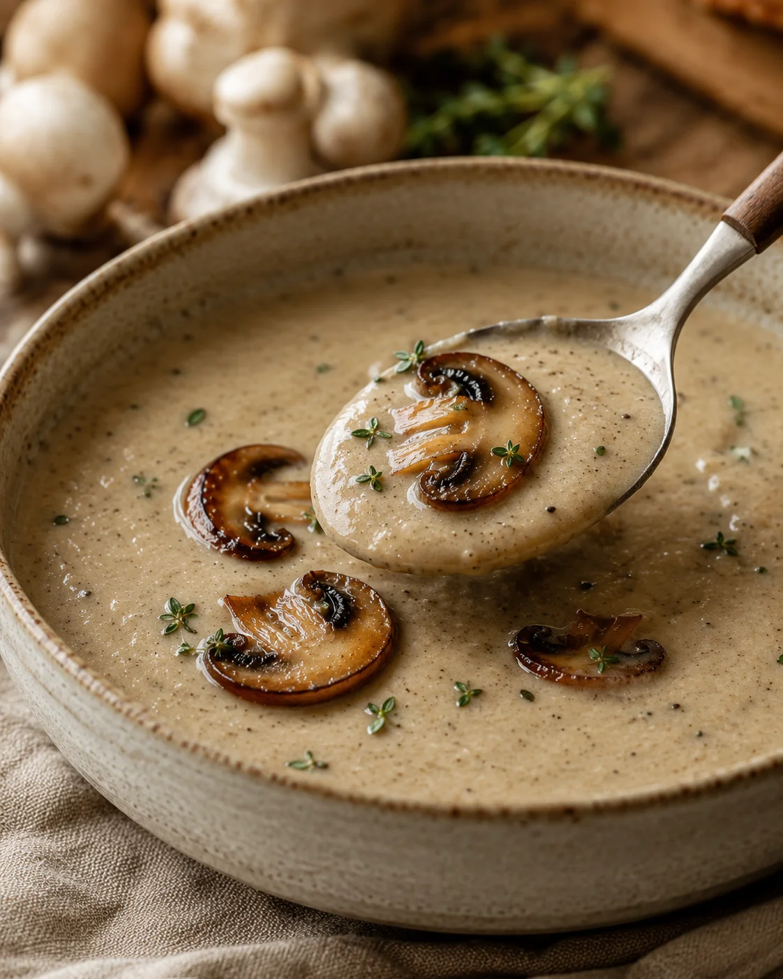 Spoon lifting a creamy mouthful of Chef John's mushroom soup with a sautéed mushroom slice