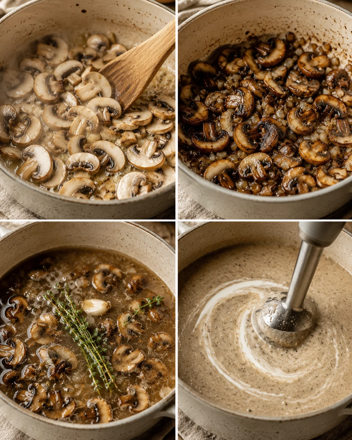 Four-panel collage showing sautéing mushrooms, caramelized mushrooms with onions, simmering with thyme and broth, and immersion blending the soup