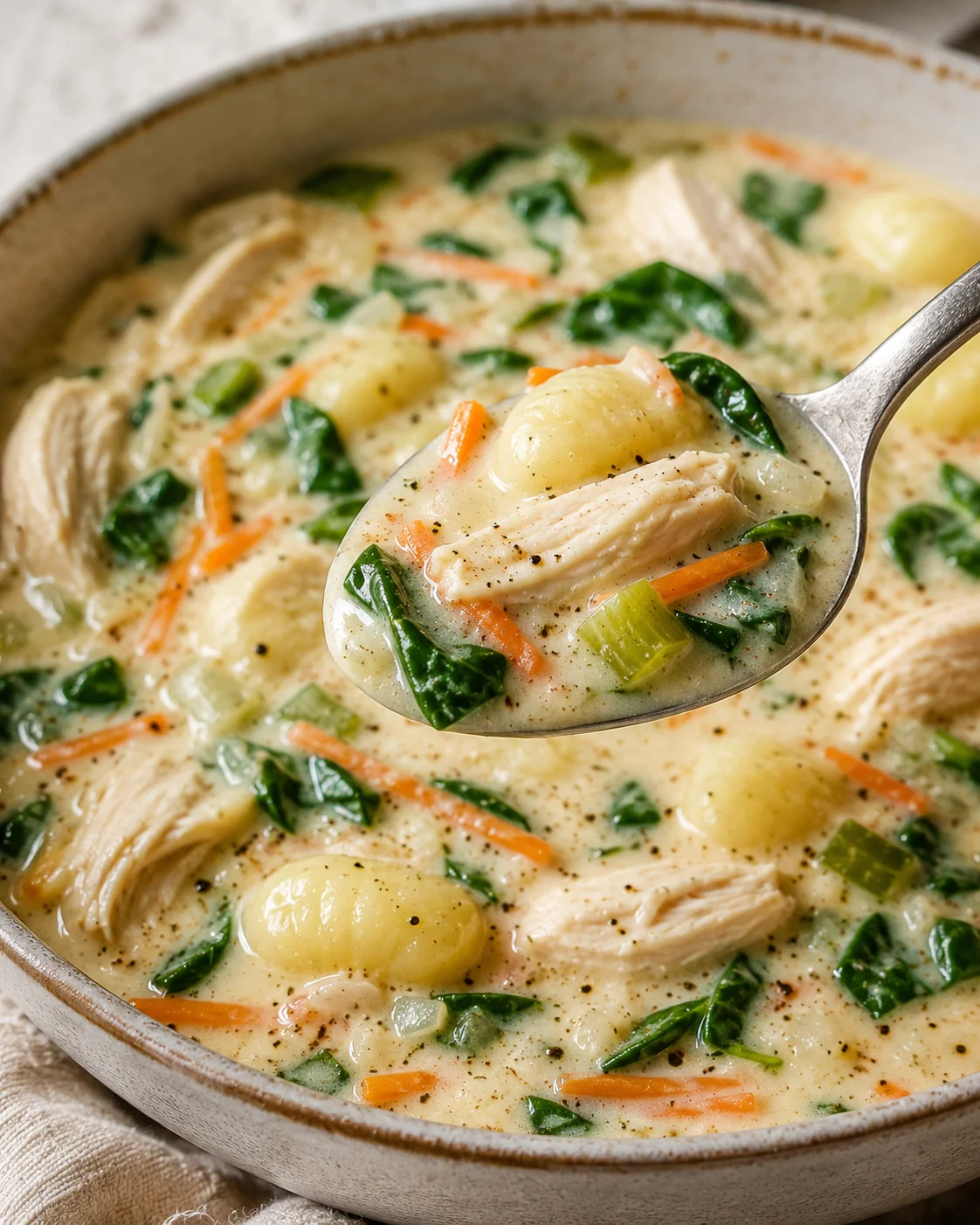 Bowl of chicken and gnocchi soup with a spoon lifting a spoonful