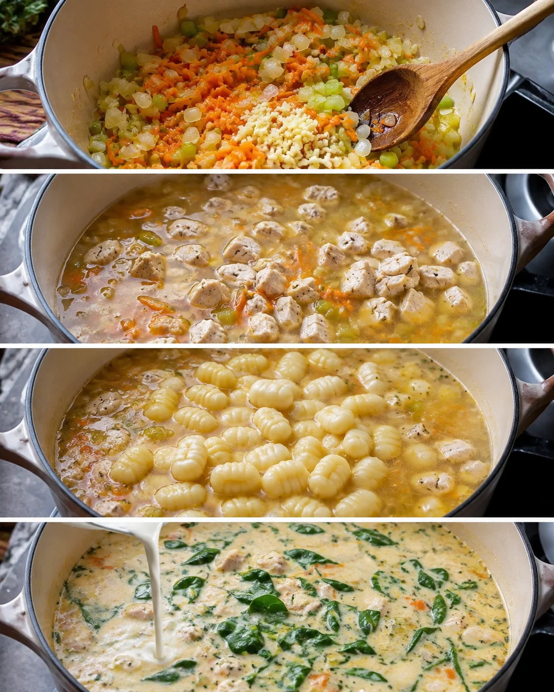 Four-panel collage showing sautéed aromatics, simmering chicken in broth, gnocchi added, and cream poured into the soup