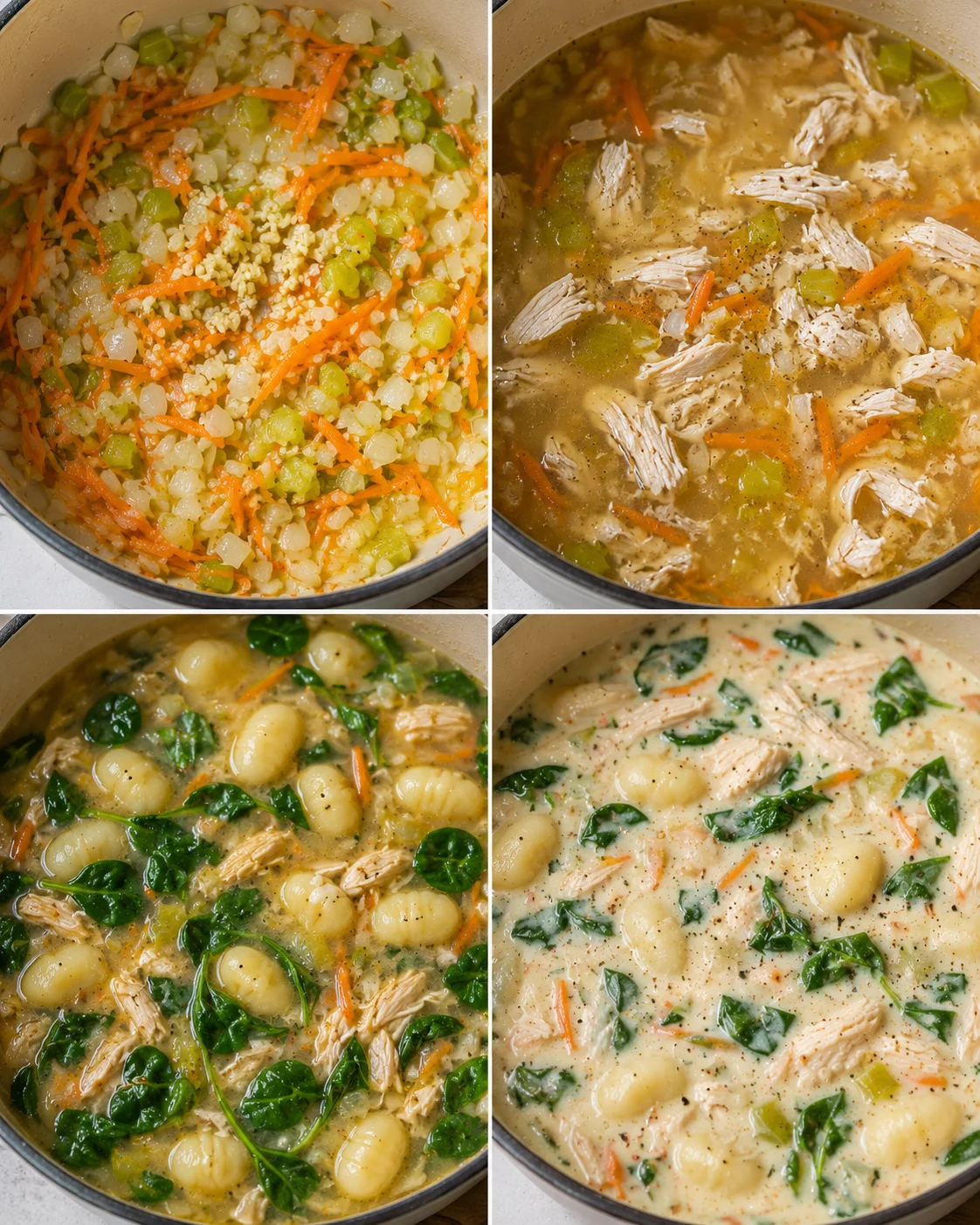 Four-panel collage showing step-by-step cooking stages of chicken gnocchi soup