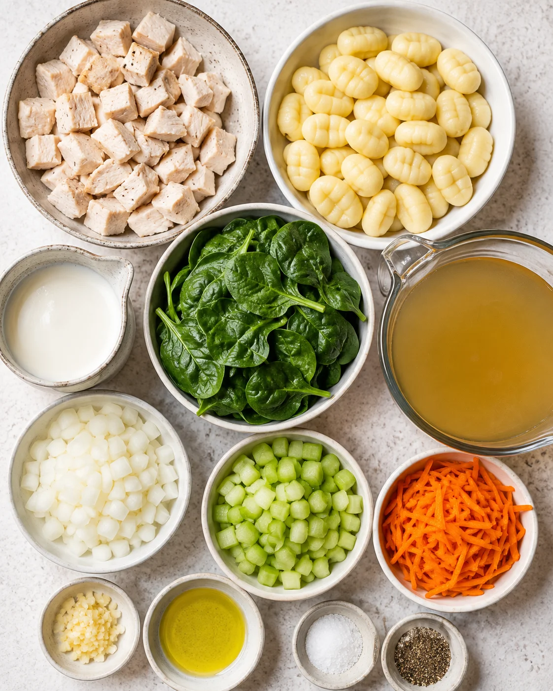 Top-down view of measured ingredients for chicken and gnocchi soup arranged in bowls