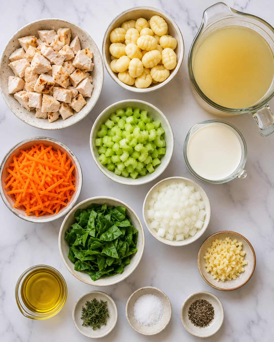 Top-down arrangement of ingredients for chicken gnocchi soup: diced chicken, gnocchi, broth, milk, celery, carrots, spinach, onion, garlic, oil and seasonings