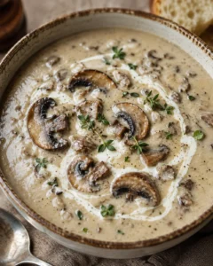 Cream of mushroom soup in a rustic bowl garnished with sautéed mushroom slices, thyme, and a swirl of cream