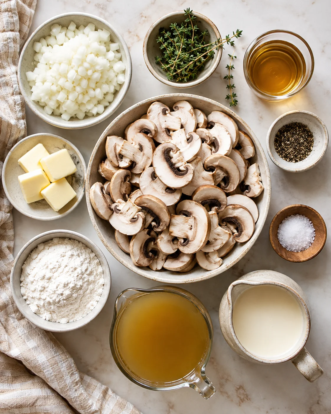 Top-down arrangement of sliced mushrooms, chopped onion, butter, flour, stock, cream, thyme, salt and pepper for cream of mushroom soup