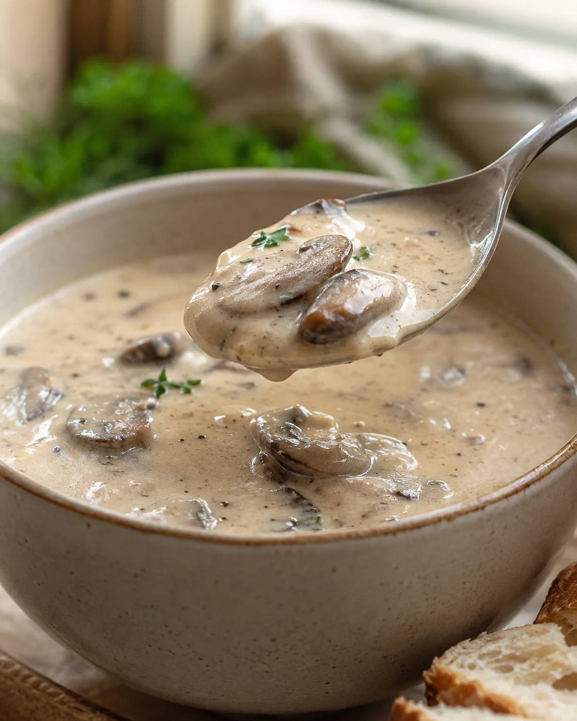 Spoon lifting a spoonful of cream of mushroom soup with sliced mushrooms and thyme over a bowl