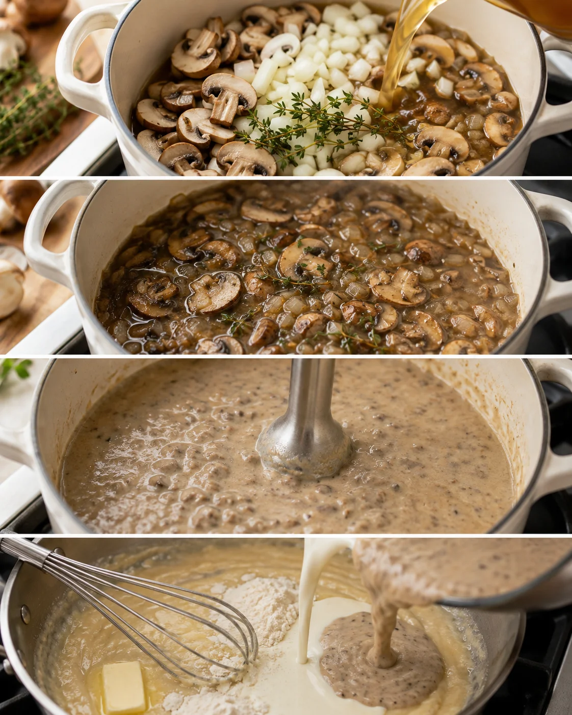 Four-panel collage showing the step-by-step cooking process for cream of mushroom soup in a pot