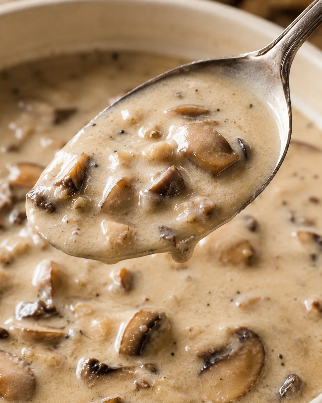 Close-up of a spoon showing the chunky, creamy texture of cream of mushroom soup with pieces of mushroom