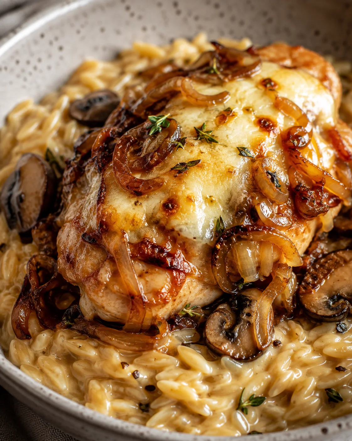 Close-up of a chicken breast with melted gruyère, caramelized onions and creamy orzo with mushrooms
