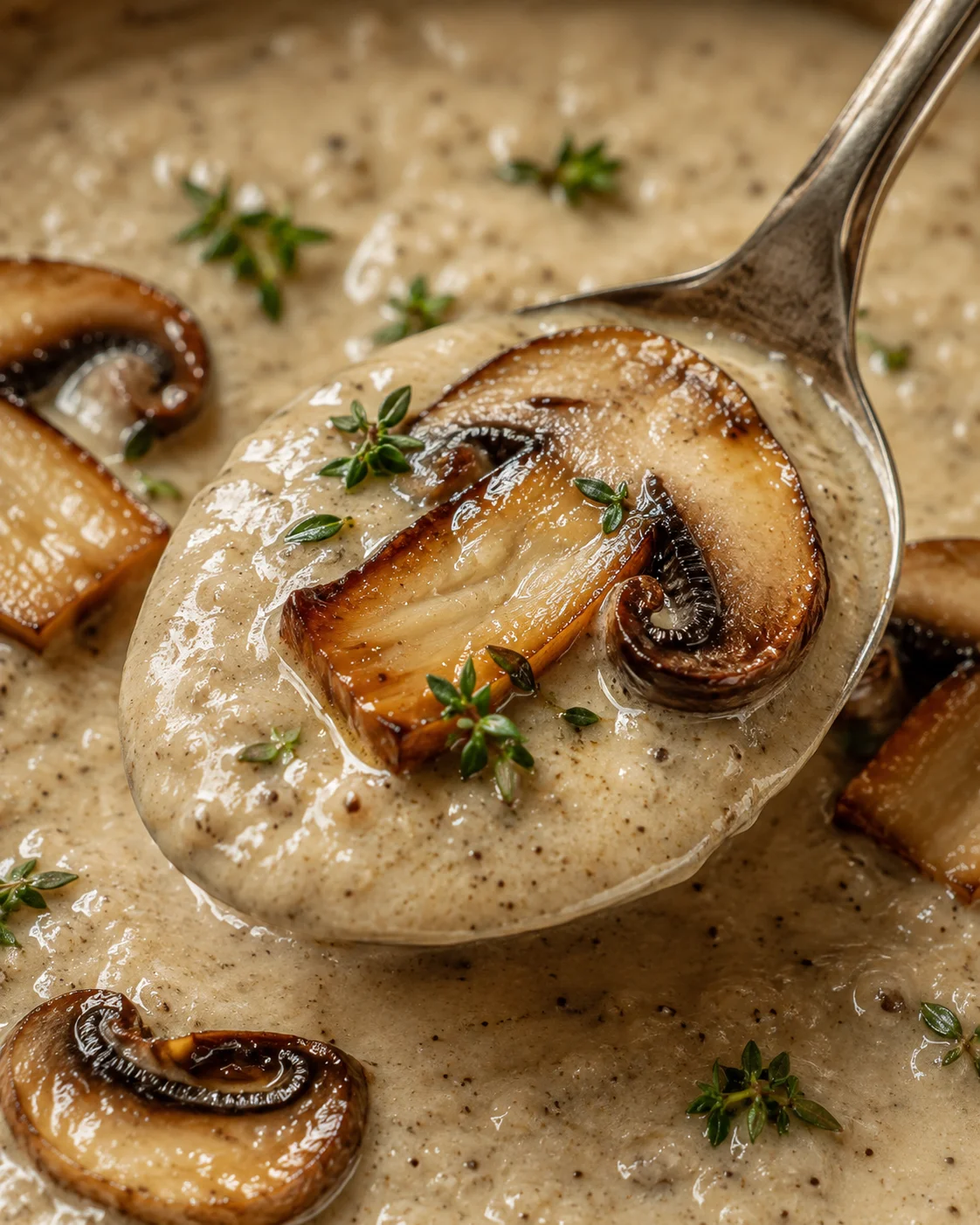 Close-up of the creamy texture of Chef John's mushroom soup with a caramelized mushroom on a spoon
