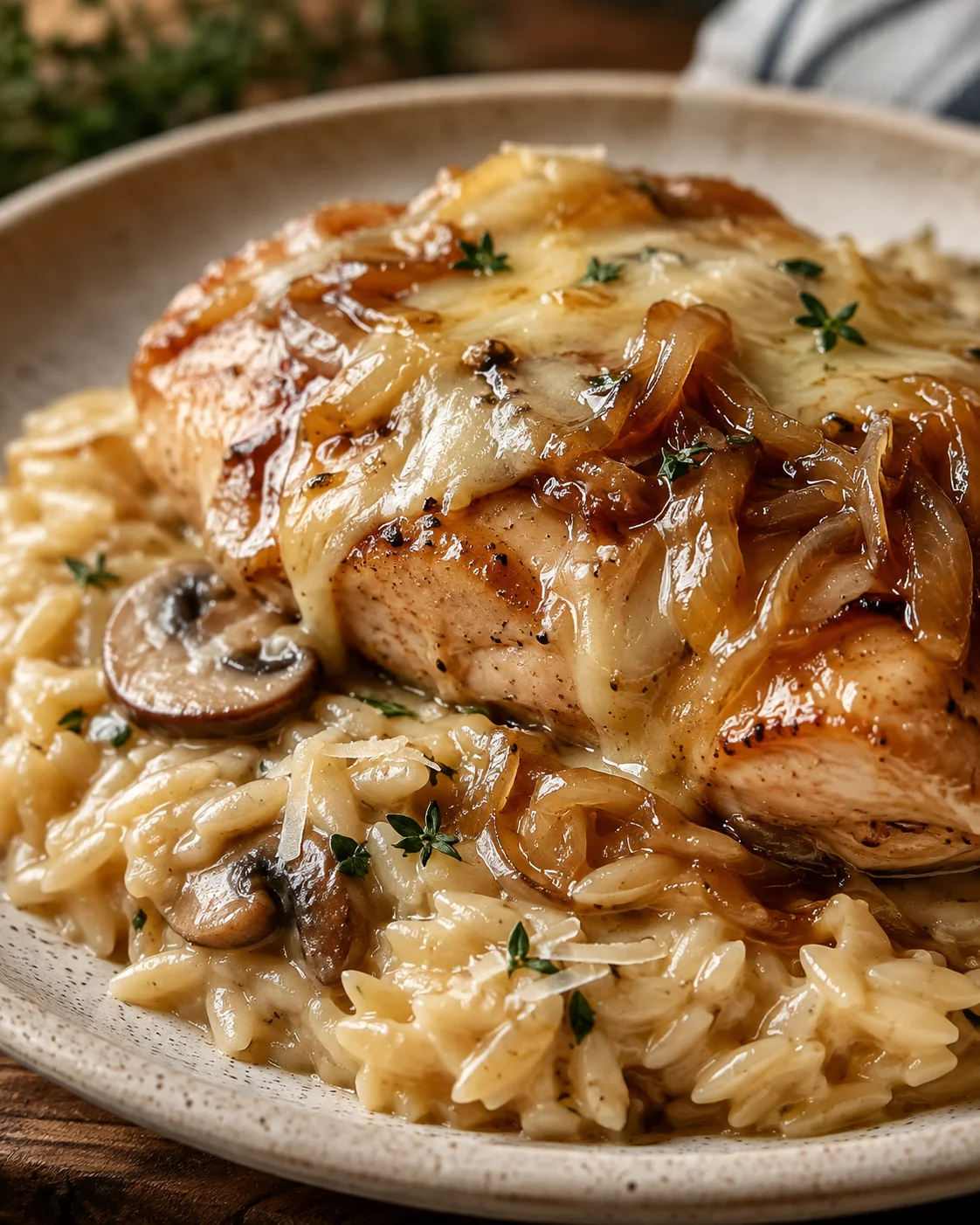 Plated crockpot creamy French onion chicken breast with melted gruyère and caramelized onions over parmesan orzo