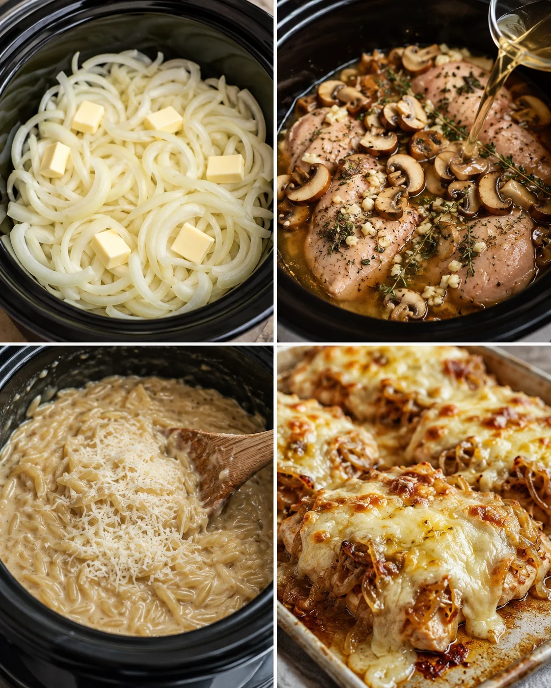 Four-panel collage showing onions with butter in slow cooker, chicken and mushrooms with broth being added, creamy orzo with parmesan, and broiled cheese-topped