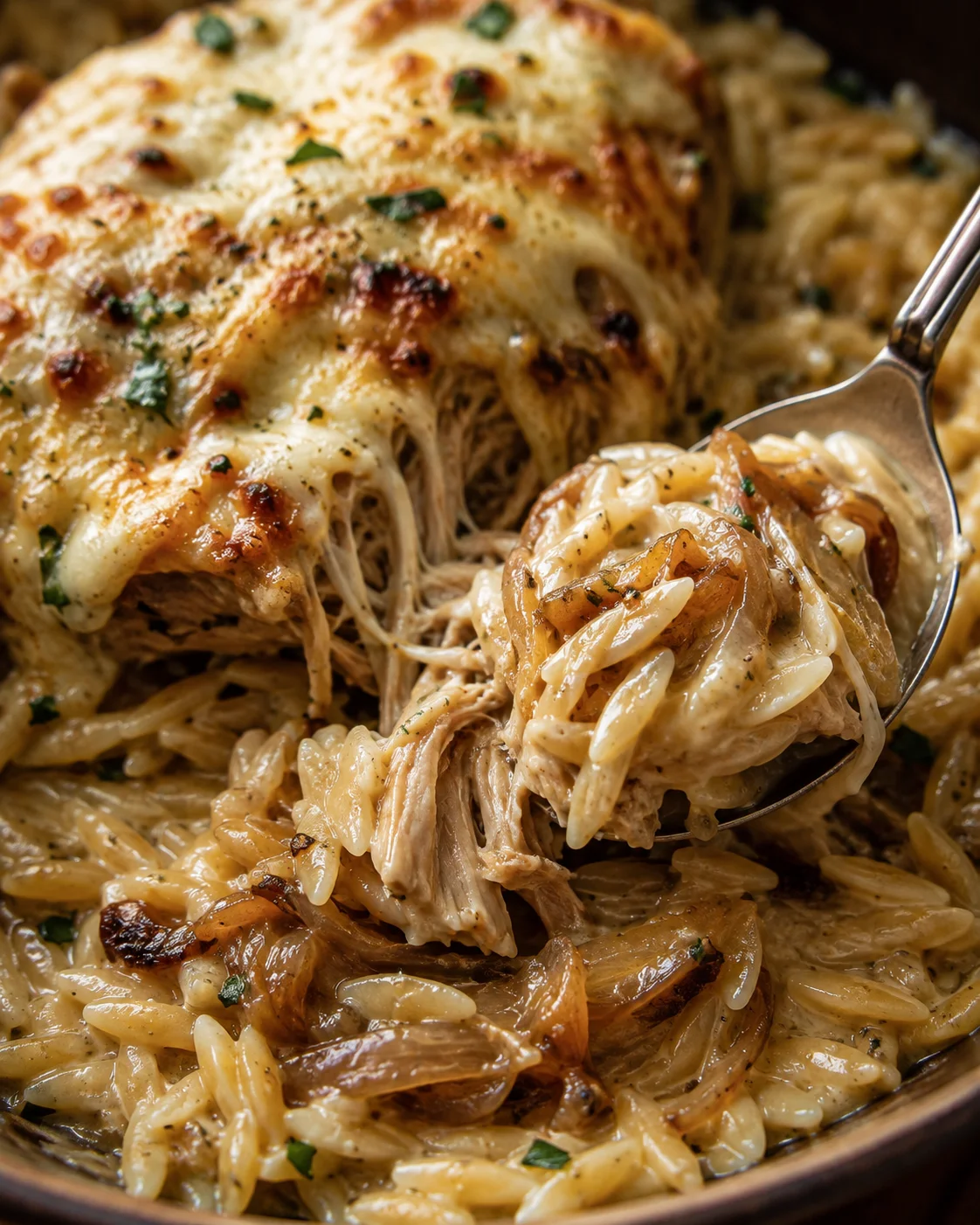 Spoon lifting creamy orzo and shredded chicken from a pan topped with broiled gruyère and caramelized onions