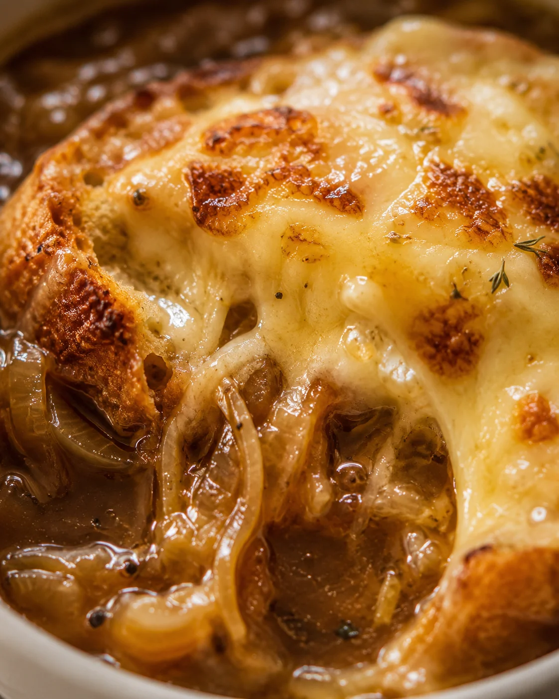 Extreme close-up of melted, browned cheese and caramelized onions on French onion soup toast