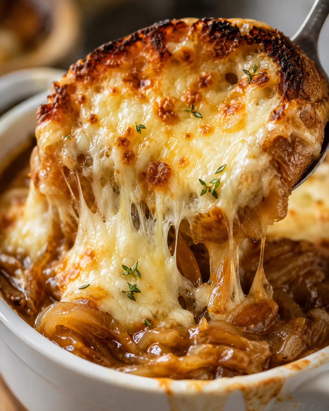 Spoon lifting cheesy toast from French onion soup with long melted cheese pull