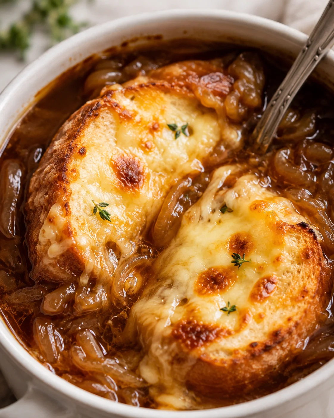 Close view of French onion soup showing browned melted cheese on toasted bread and caramelized onions