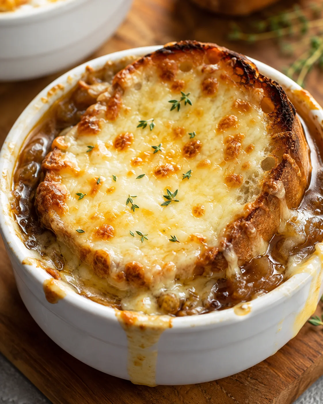 Close-up of browned, bubbly cheese and crisp toasted bread on French onion soup with thyme
