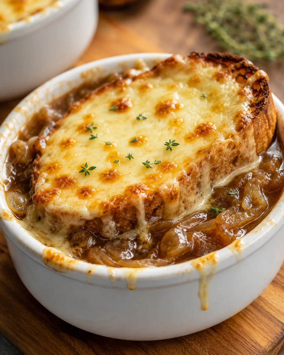 Bowl of French onion soup topped with a toasted cheesy slice of French bread and fresh thyme