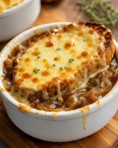 Bowl of French onion soup topped with a toasted cheesy slice of French bread and fresh thyme