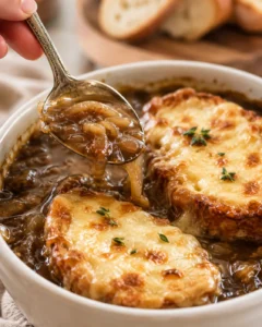 Bowl of French onion soup with melted cheese toast and a spoon lifting caramelized onions