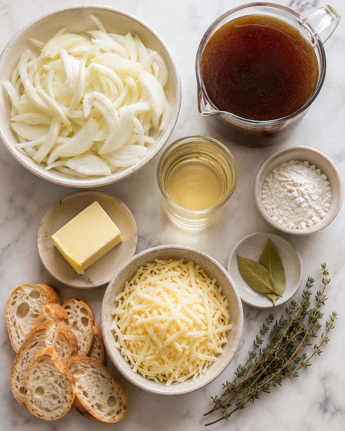 Top-down arrangement of sliced onions, shredded cheese, butter, broth, wine, flour, herbs and baguette for French onion soup
