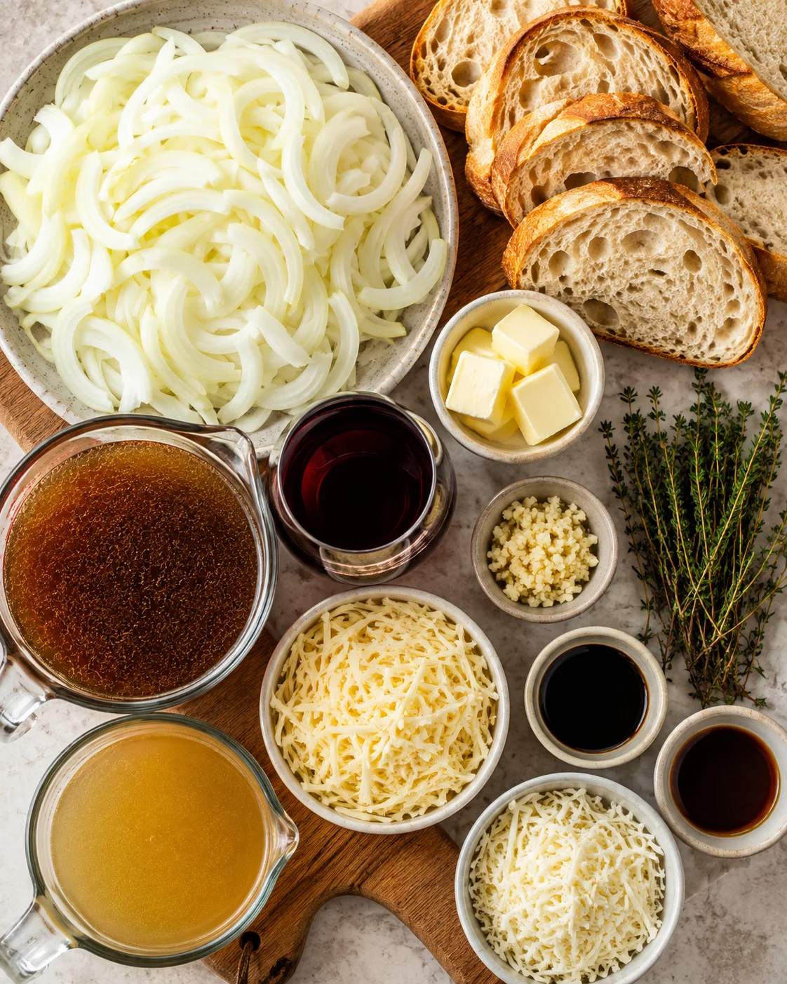 Top-down arrangement of onions, breads, cheeses, broths, and herbs for French onion soup