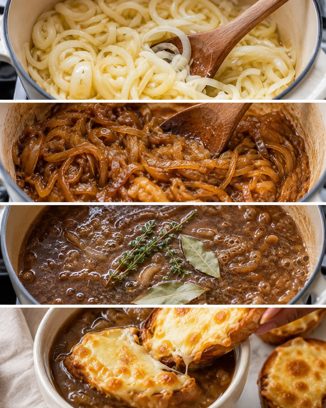 Four-panel montage showing raw sliced onions, caramelized onions, simmering broth with herbs, and cheesy toast being added