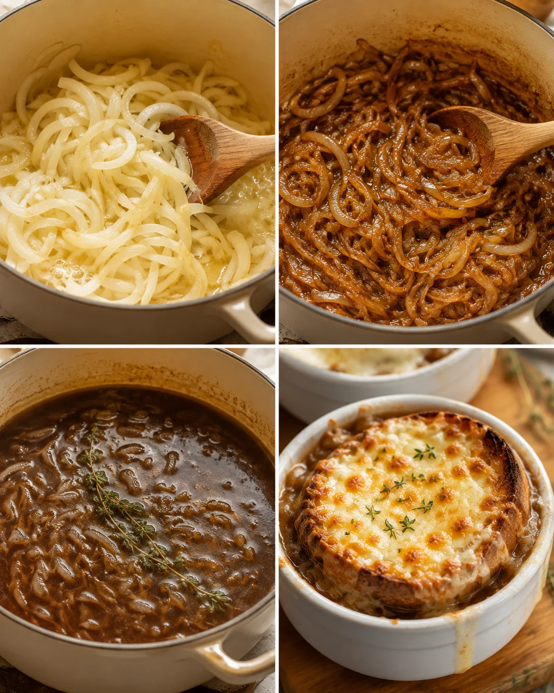 Four-photo collage showing slicing and caramelizing onions, simmering broth, and finished French onion soup