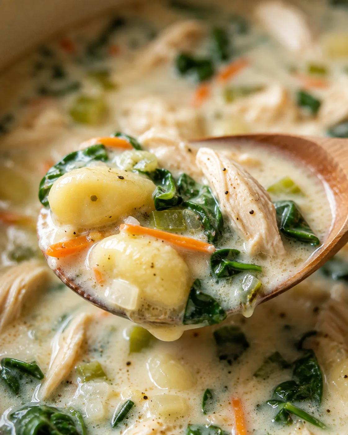 Wooden spoon holding gnocchi, shredded chicken and spinach from chicken gnocchi soup