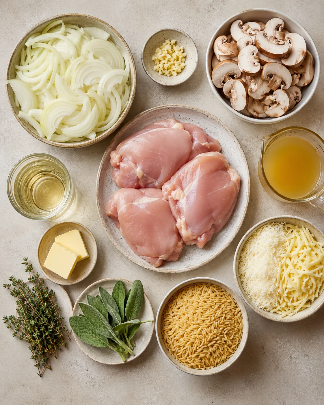 Top-down arrangement of raw chicken, sliced onions, mushrooms, orzo, cheeses, herbs, butter, wine, broth and garlic