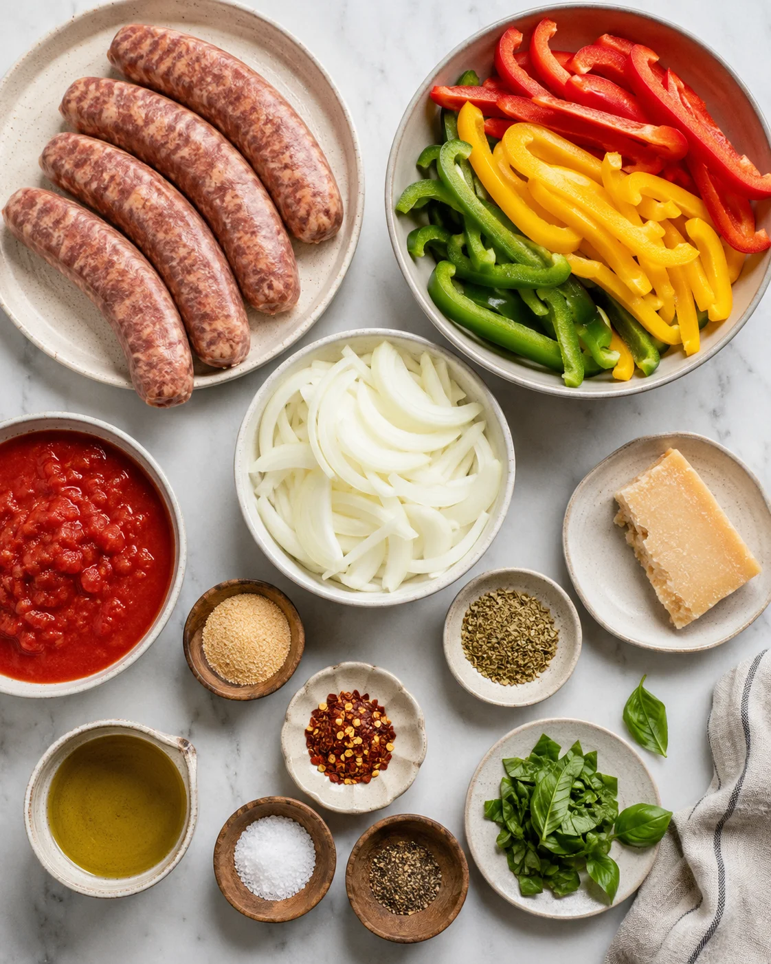 Top-down arrangement of sausages, sliced bell peppers, onion, crushed tomatoes, Parmesan and seasonings.