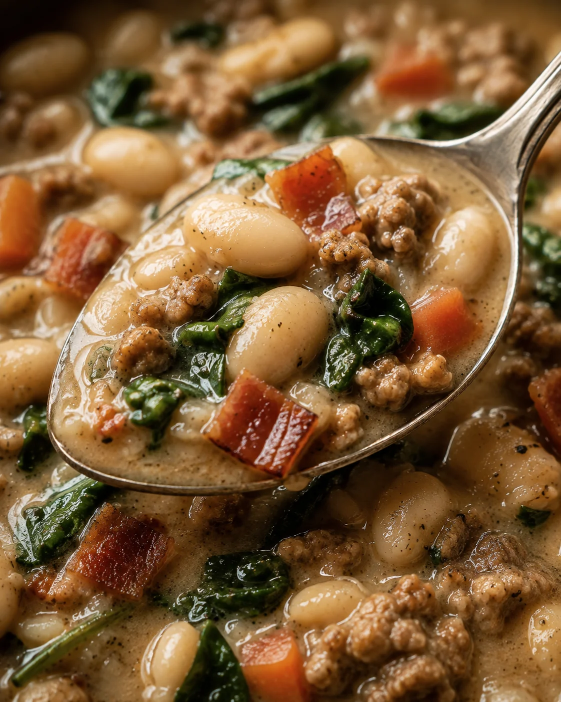 Close-up spoonful of Italian sausage white bean soup showing beans, sausage, spinach and bacon.