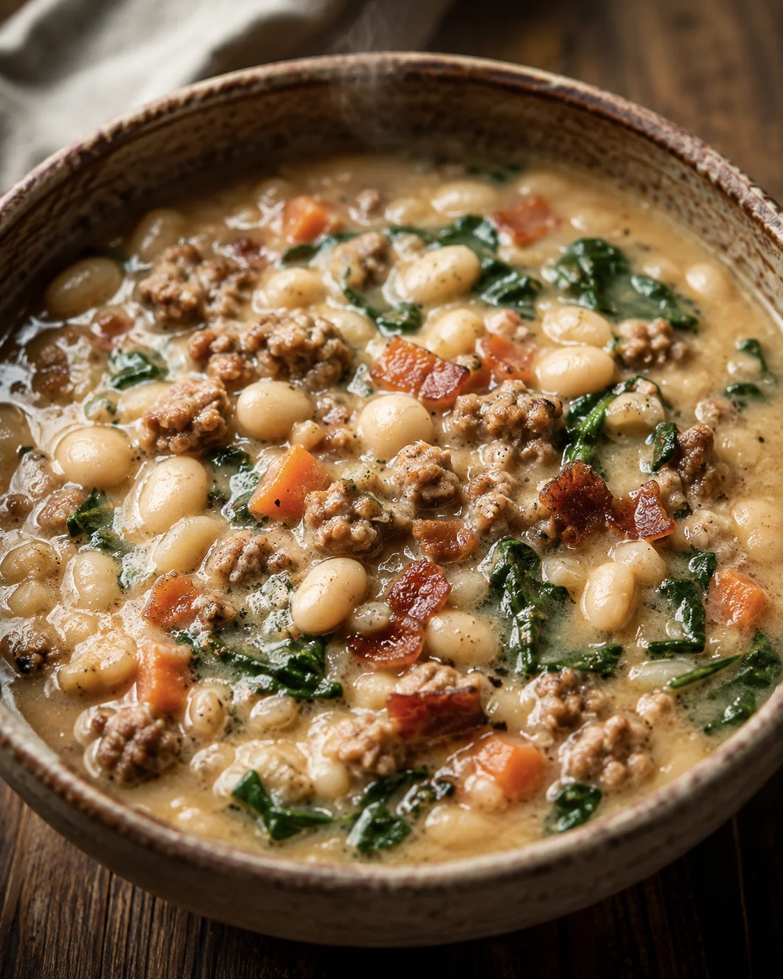 Steaming bowl of Italian sausage white bean soup with cannellini beans, sausage, bacon, carrots and spinach.