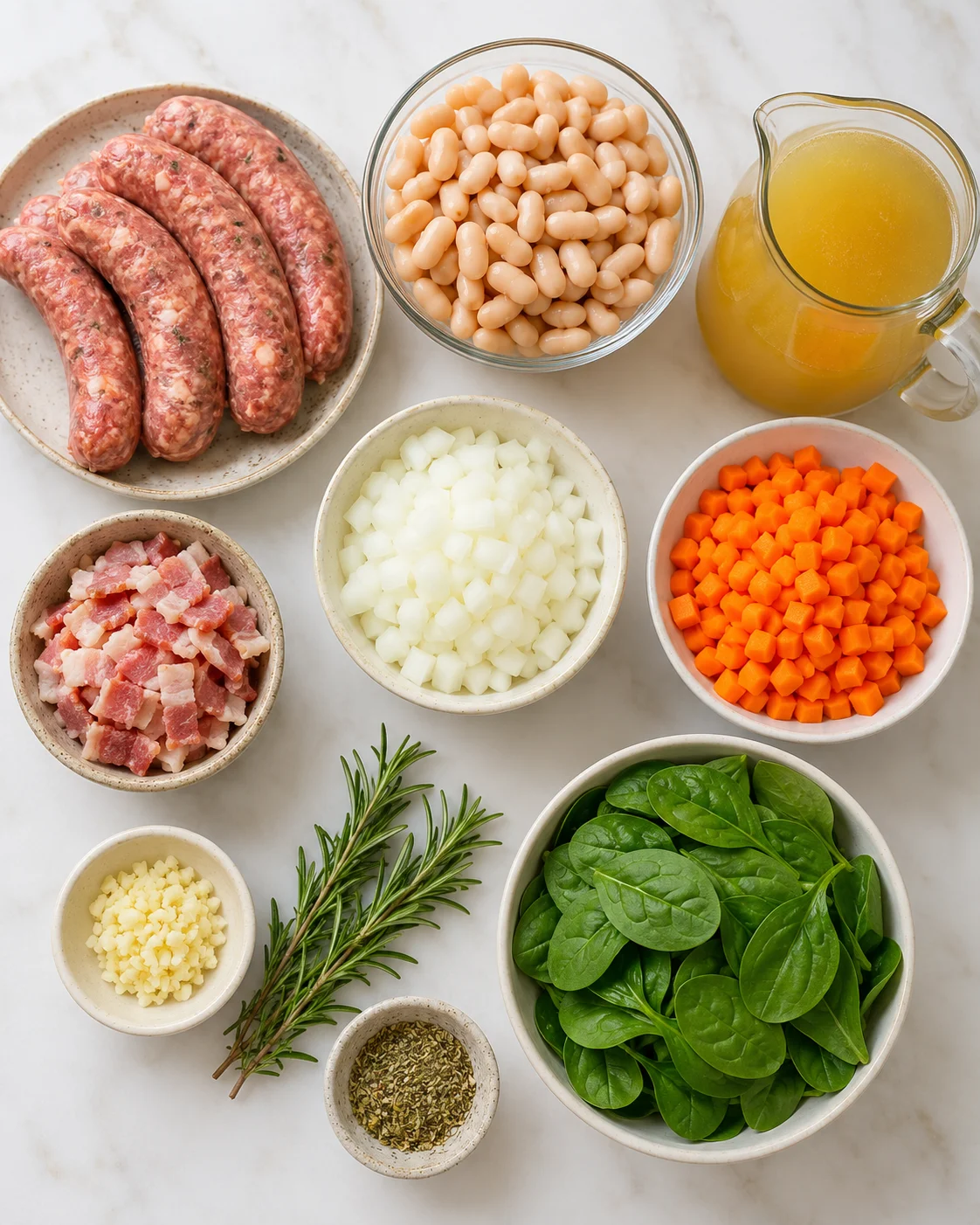 Top-down arrangement of ingredients for Italian sausage white bean soup: sausage, cannellini beans, broth, bacon, onion, carrots, garlic, rosemary and spinach.