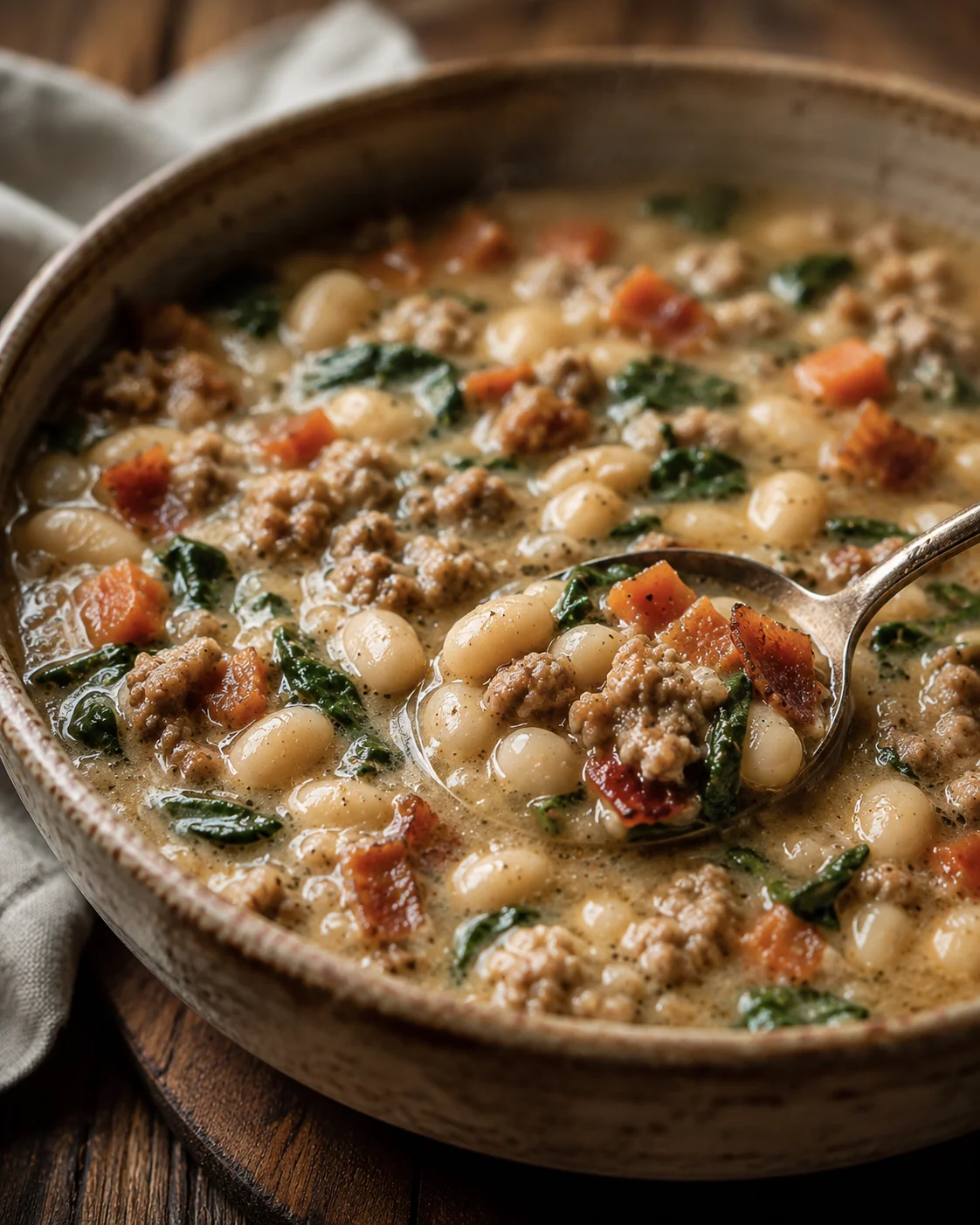 Bowl of Italian sausage white bean soup with a spoon lifting beans, sausage and spinach.
