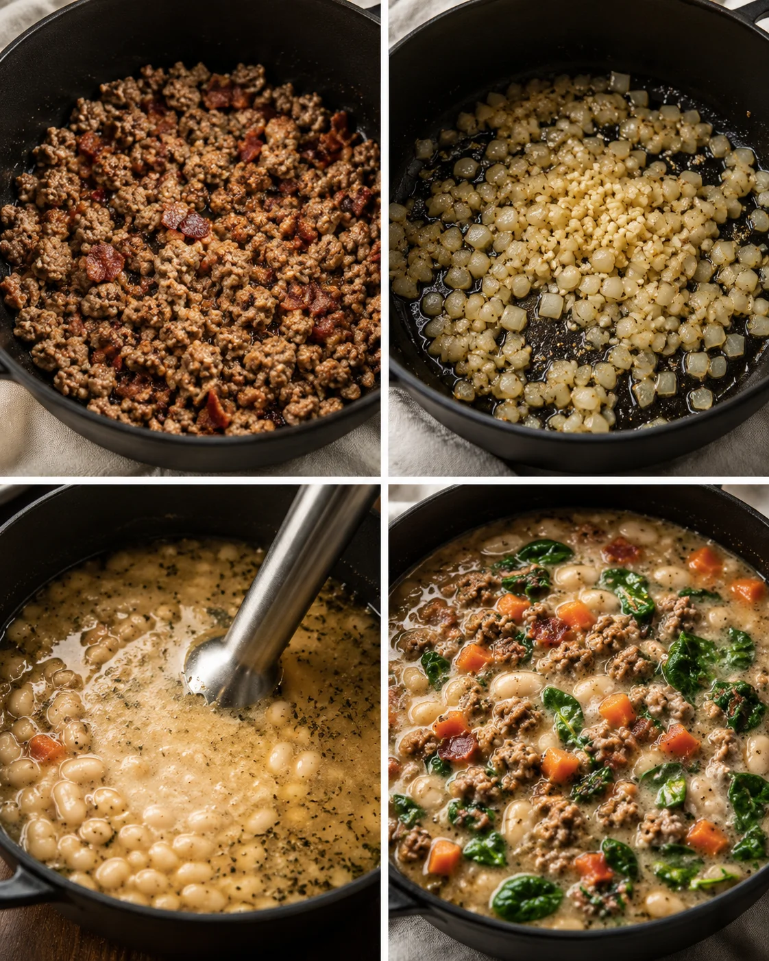 Four-panel collage showing cooking steps for Italian sausage white bean soup: browned sausage, sautéed onions and garlic, blending beans, and finished soup in a