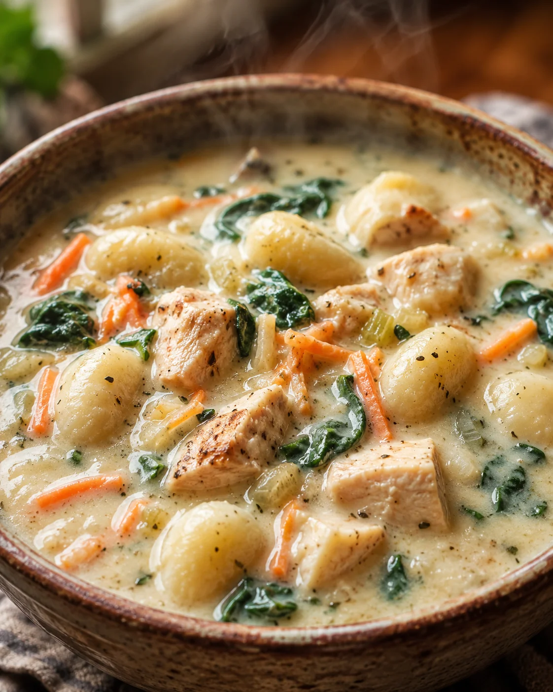 Steaming bowl of Olive Garden chicken gnocchi soup with gnocchi, diced chicken, carrots and spinach in a creamy broth
