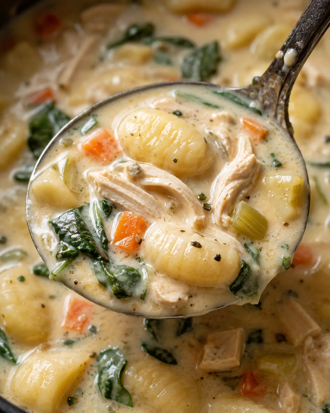 Ladle of chicken gnocchi soup showing shredded chicken, gnocchi, spinach and creamy broth texture