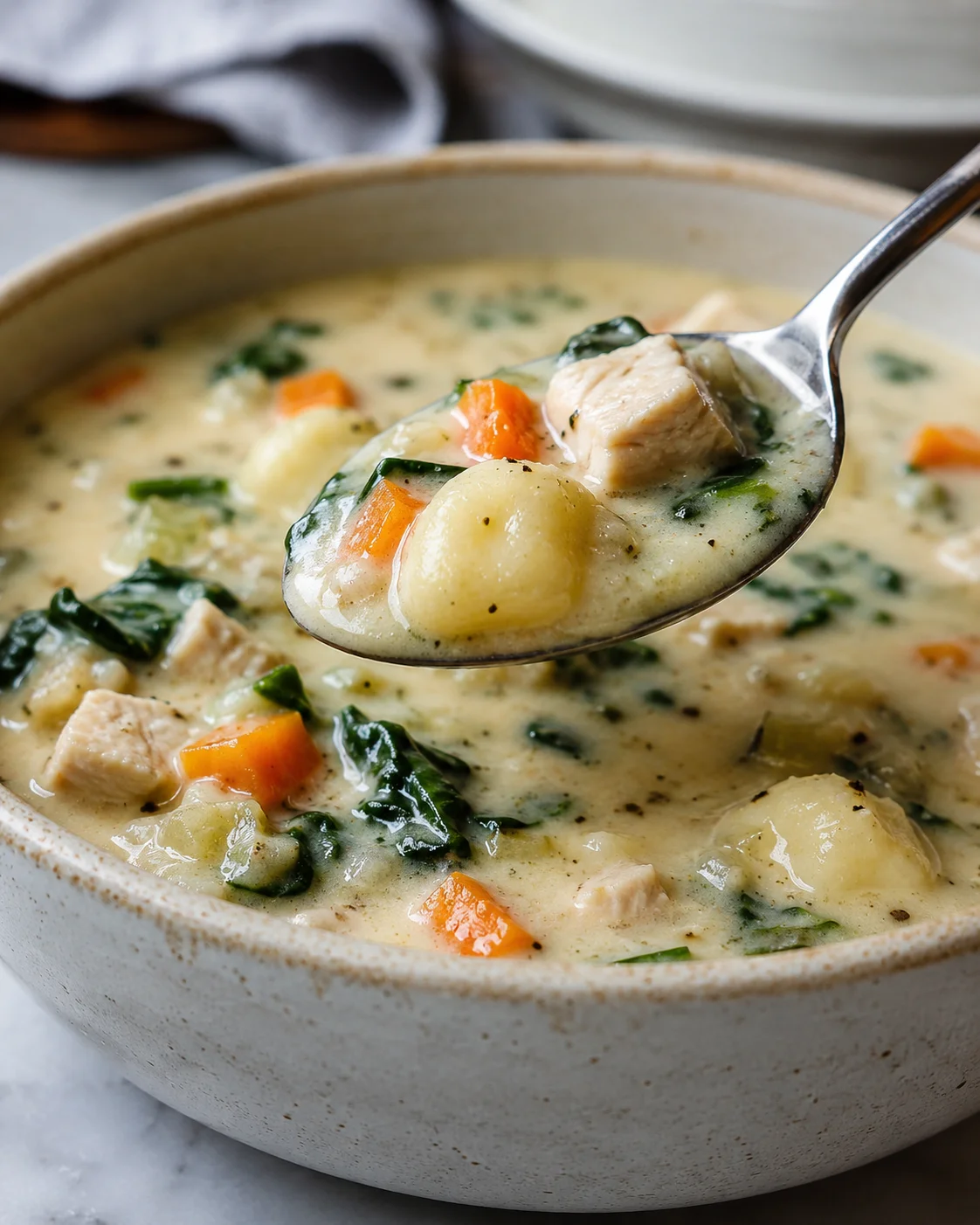 Spoonful of Olive Garden chicken gnocchi soup lifted from a bowl showing a gnocchi, diced chicken and carrot in creamy broth