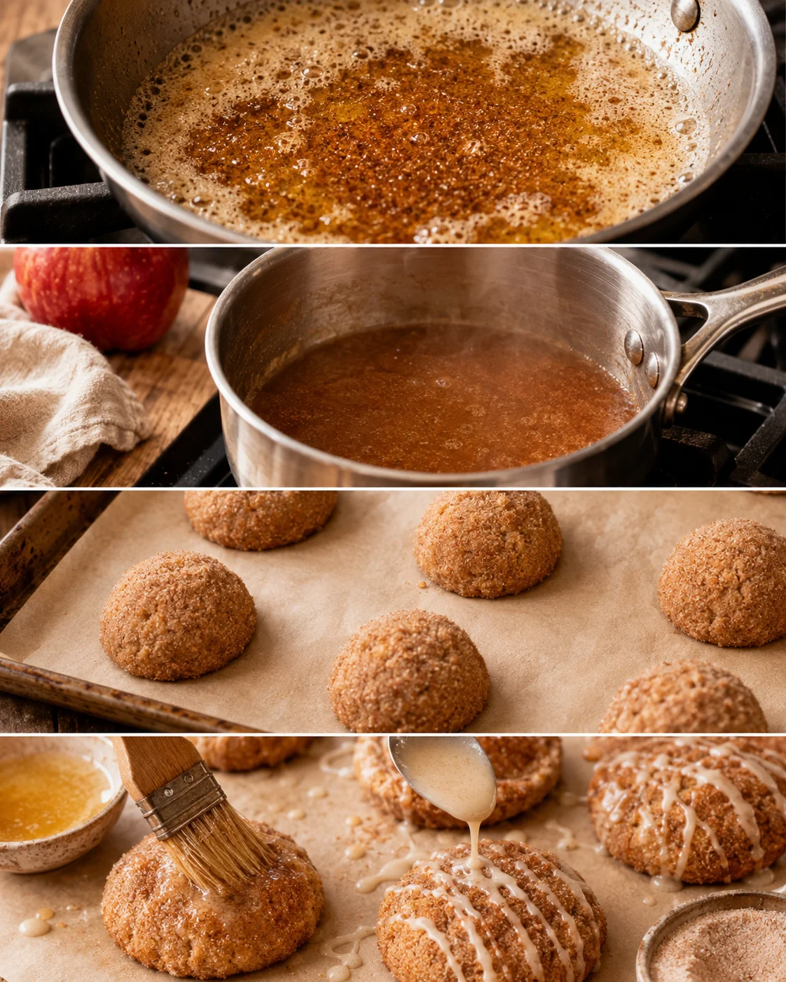 Step-by-step photos of making apple cider cookies, including reducing cider, baking, and glazing.