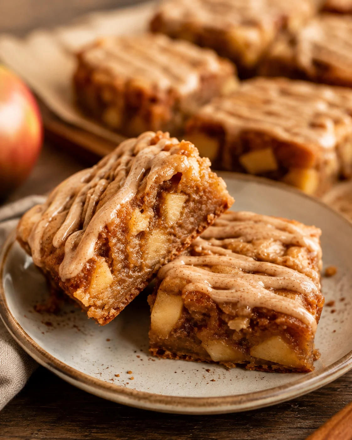 Delicious apple blondies topped with cinnamon maple glaze on a plate