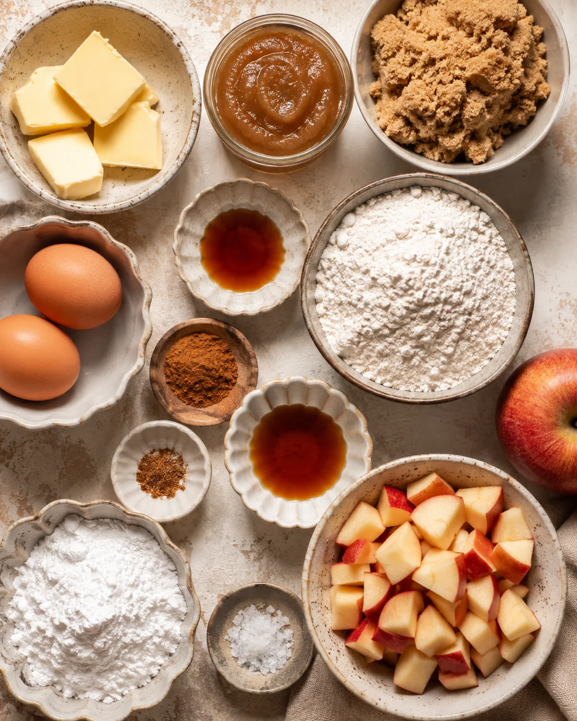 Close-up of ingredients for apple blondies with cinnamon maple glaze ready to bake.