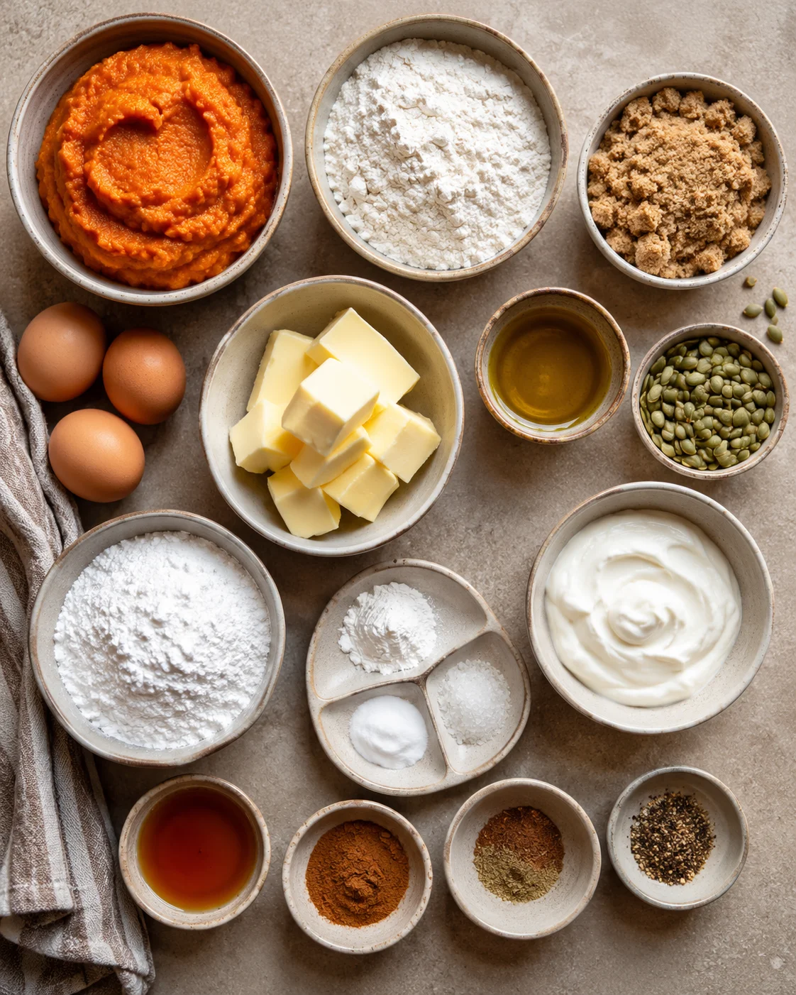 Ingredients for pumpkin bundt cake with cozy spices and maple brown-butter glaze.