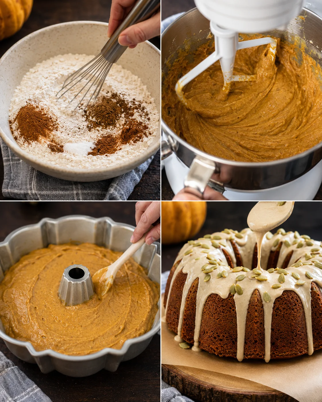 Step-by-step images of making moist pumpkin bundt cake with brown-butter maple glaze.