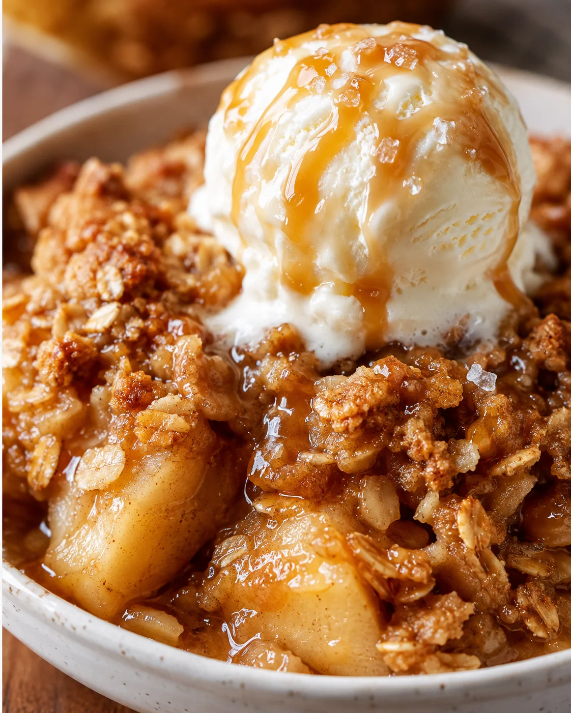 Warm apple crisp topped with vanilla ice cream and caramel drizzle.