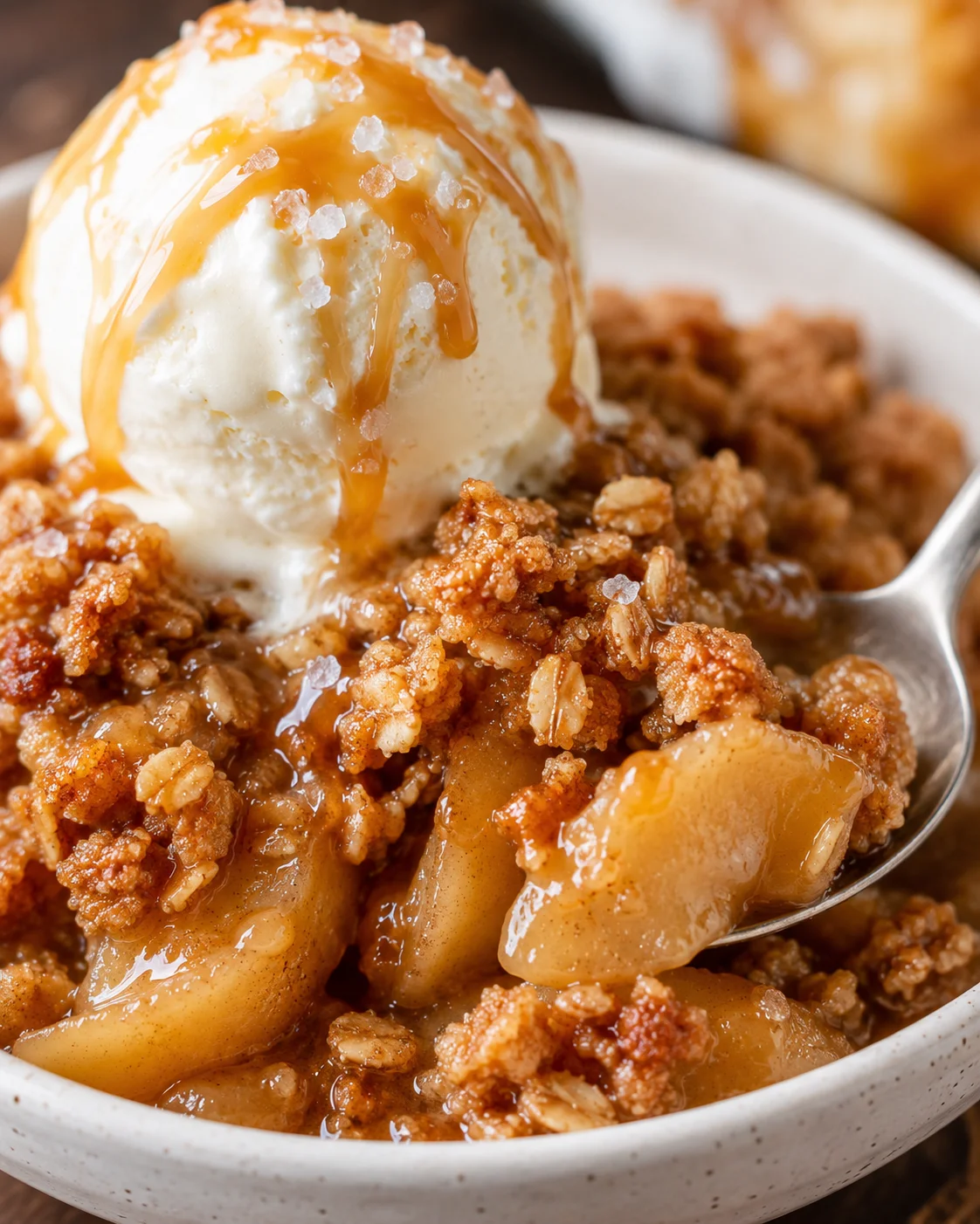 Warm apple crisp topped with vanilla ice cream and salted caramel drizzle, sum of comfort.