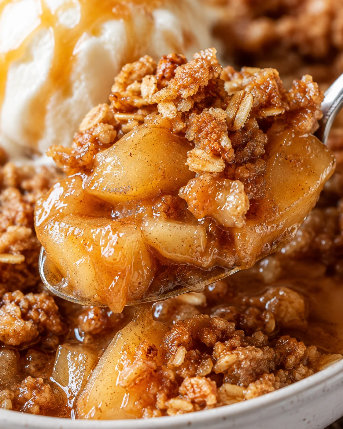 Close-up of warm apple crisp topped with oats and served with vanilla ice cream.