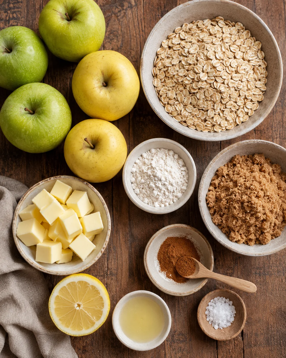 Fresh apples and ingredients ready for making apple crisp dessert.